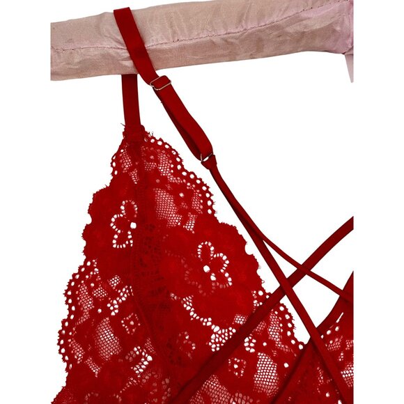 Red Lace V-Neck Strappy Back Thong Croquette Devilcore Bodysuit Lingerie - Picture 6 of 12